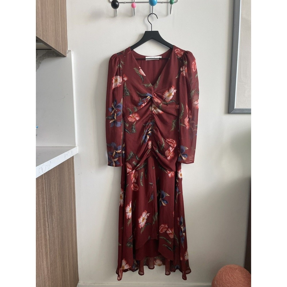 ASTR The Label Hi-Lo Ruched Front Midi Dress Mauve Floral Print Sz XS